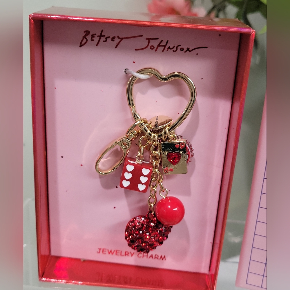 BETSEY JOHNSON DICE ❤️-CARD, Cherry + Bling Crystal ❤️Bag CHARM Keychain